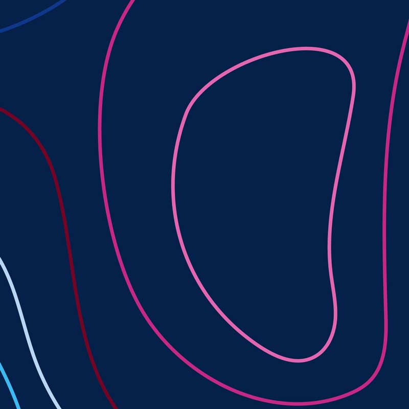 A graphic illustration of multicolored curved lines on a navy blue background.