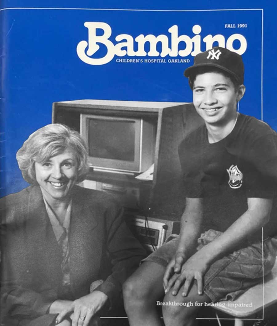 The cover of the Fall 1991 issue of the Bambino newsltter. On the cover, in black and white, are Adeline McClatchie and a young pre-teen boy who was the first child to receive the cochlear implant at U C S F Benioff Children's Hospital, Oakland.