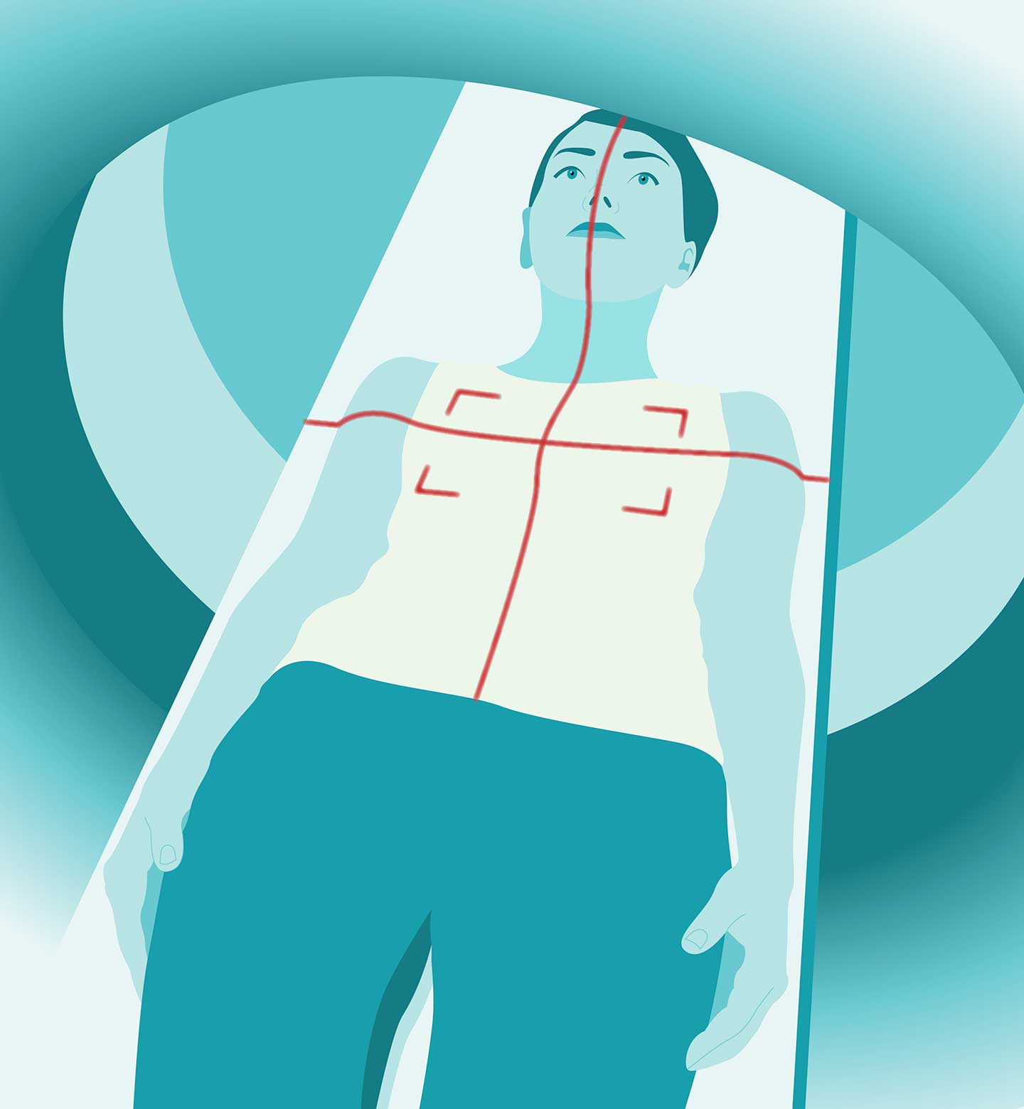 A graphic illustration showing a person undergoing a C T scan.