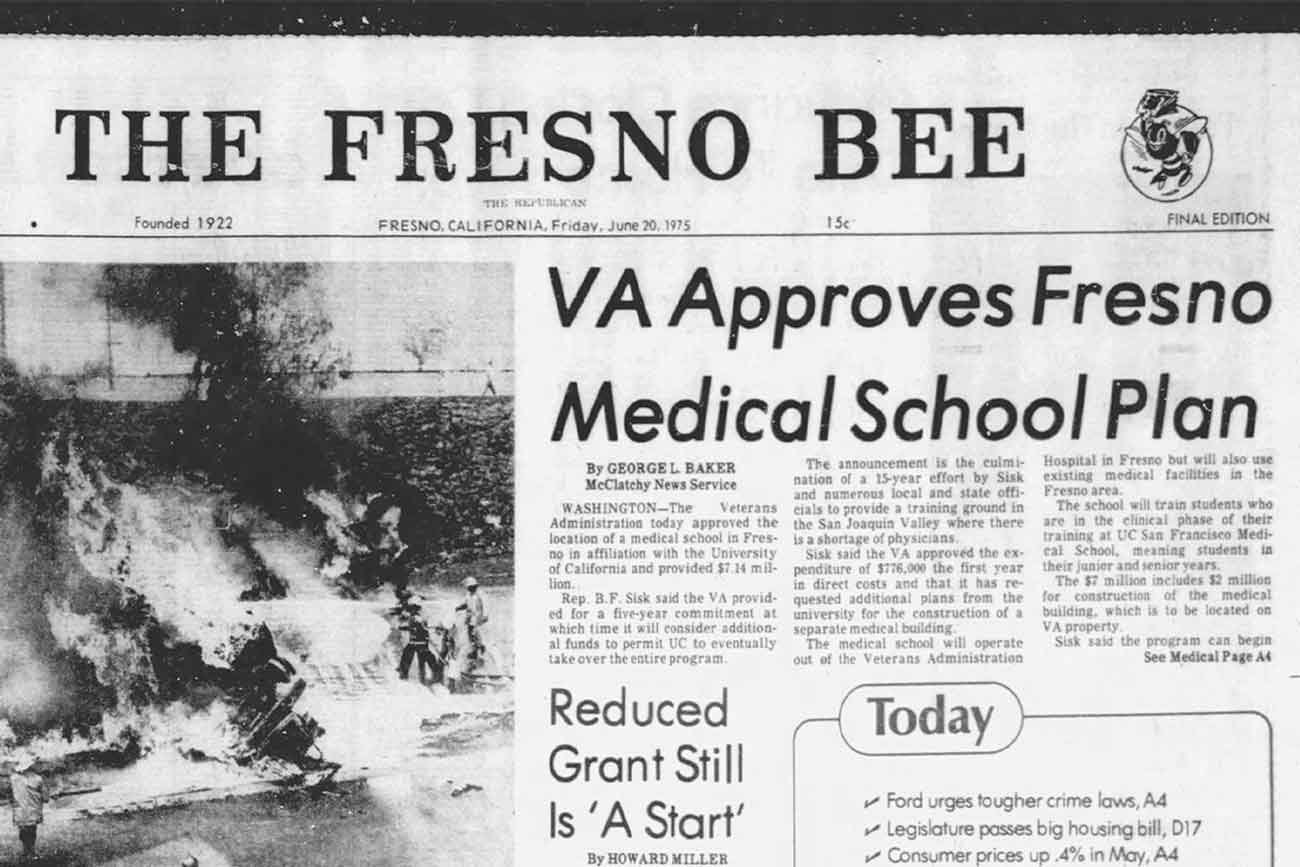 A newspaper clip from 1975 showing a front-page headline that reads "V A approves Fresno Medical School Plan."