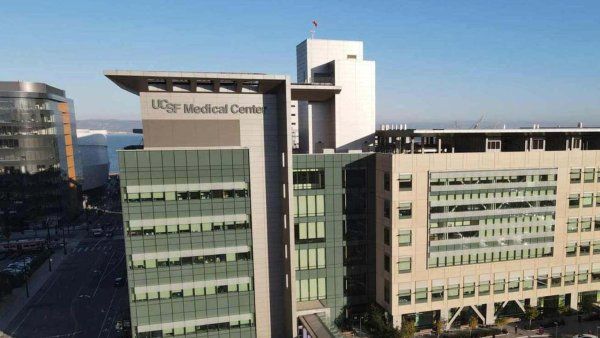 View of hospital building skyrise from a drone.
