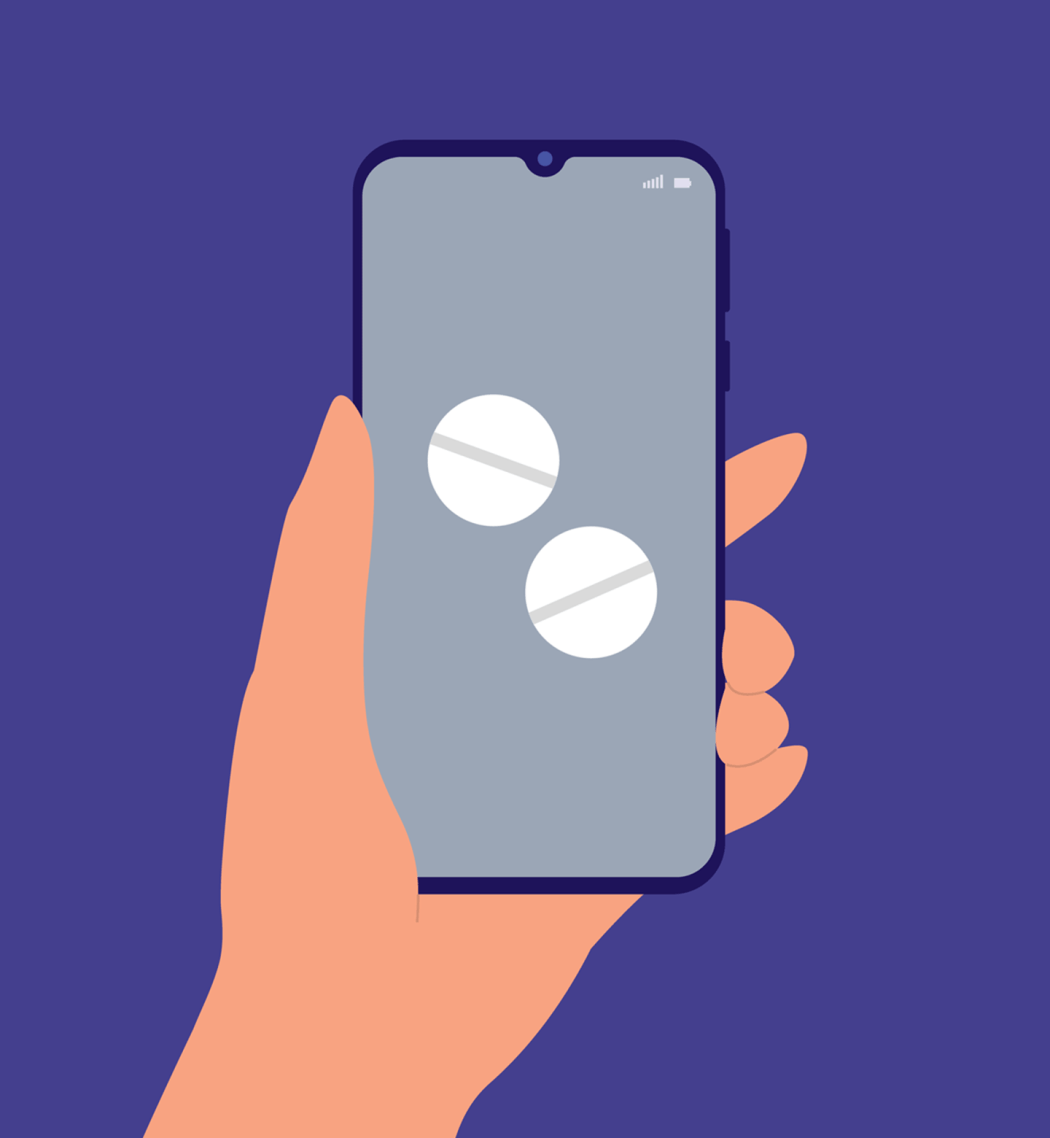 An illustration of a hand holding a phone that shows two pills, demonstrating safe telemedicine practices such as digital prescriptions.